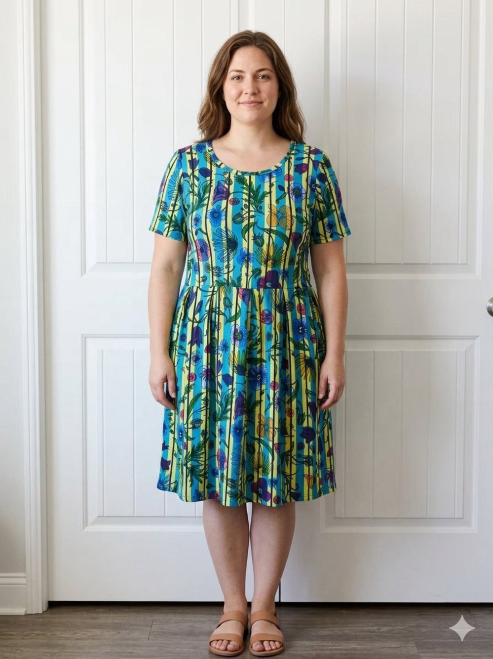 LuLaRoe Teal, Blue and Yellow Floral Stripe Fit & Flare Dress